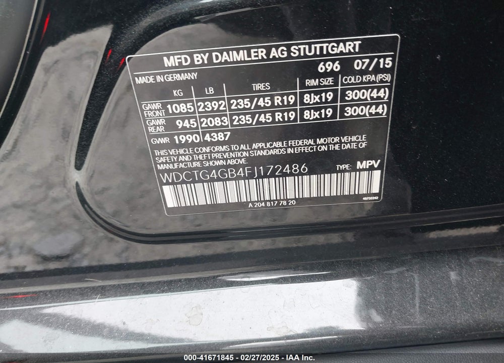 2015 MERCEDES-BENZ GLA VIN: WDCTG4GB4FJ172486