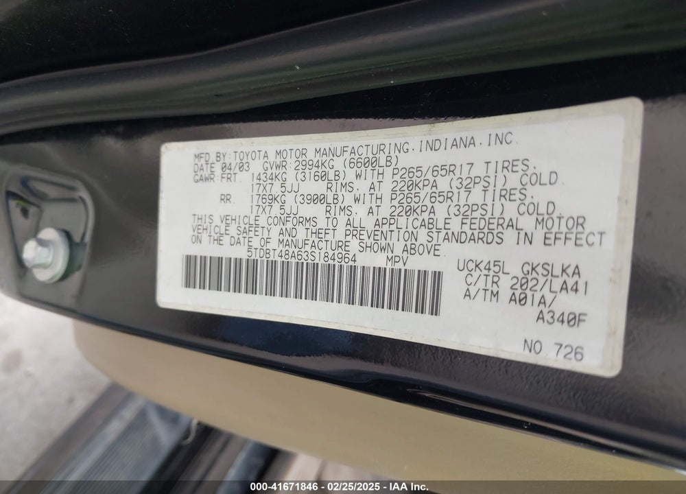 2003 TOYOTA SEQUOIA LIMITED V8 VIN: 5TDBT48A63S184964