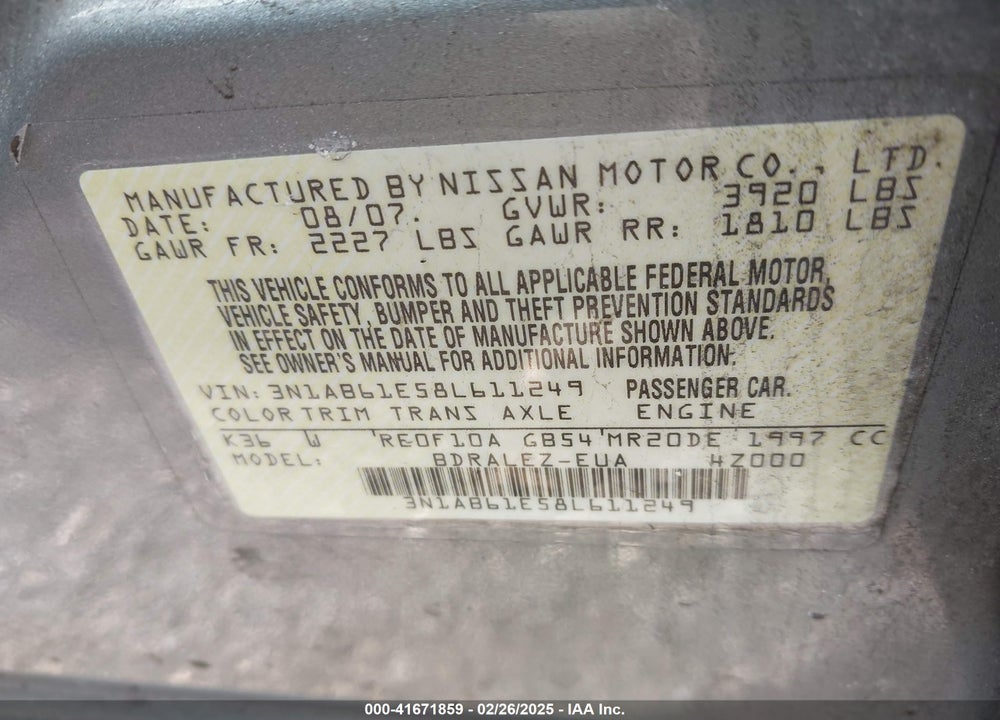 2008 NISSAN SENTRA VIN: 3N1AB61E58L611249