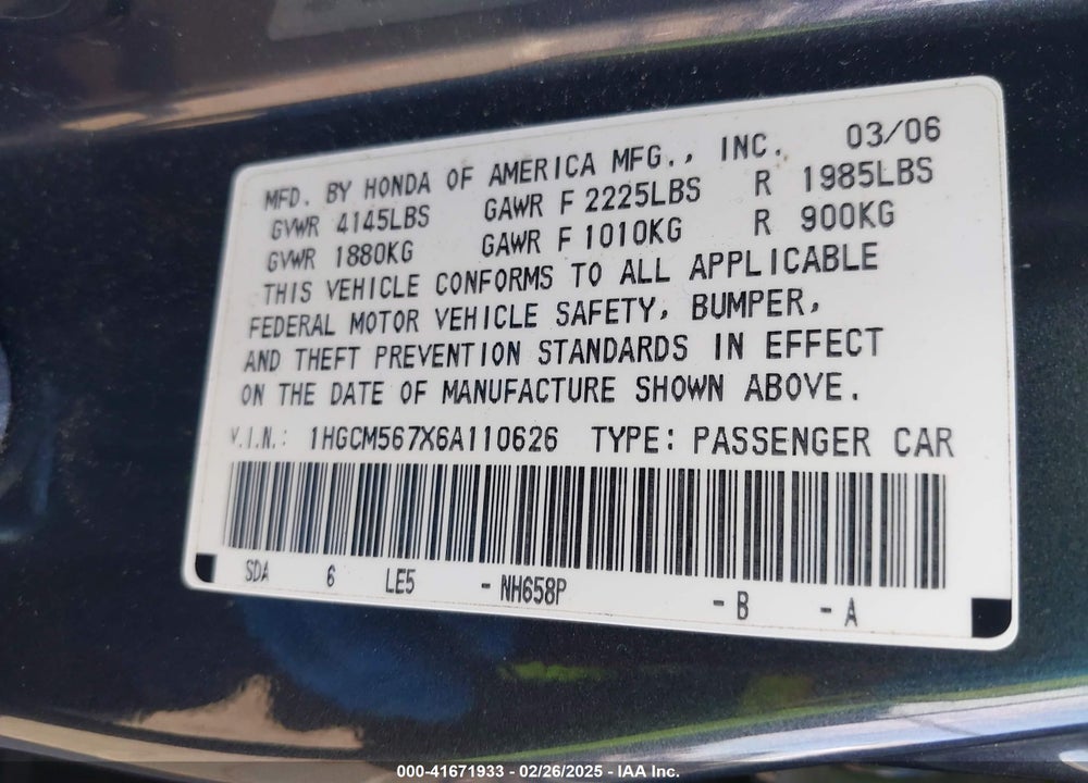 2006 HONDA ACCORD VIN: 1HGCM567X6A110626