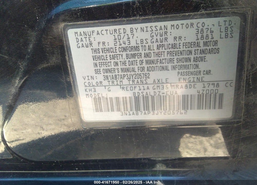 2018 NISSAN SENTRA VIN: 3N1AB7AP3JY205762