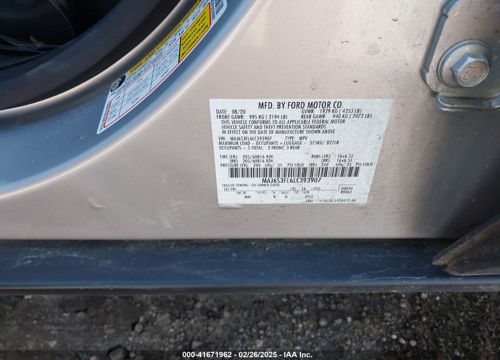 2020 FORD ECOSPORT VIN: MAJ6S3FL6LC393907