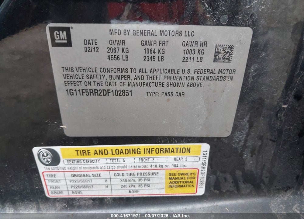 2013 CHEVROLET MALIBU VIN: 1G11F5RR2DF102851