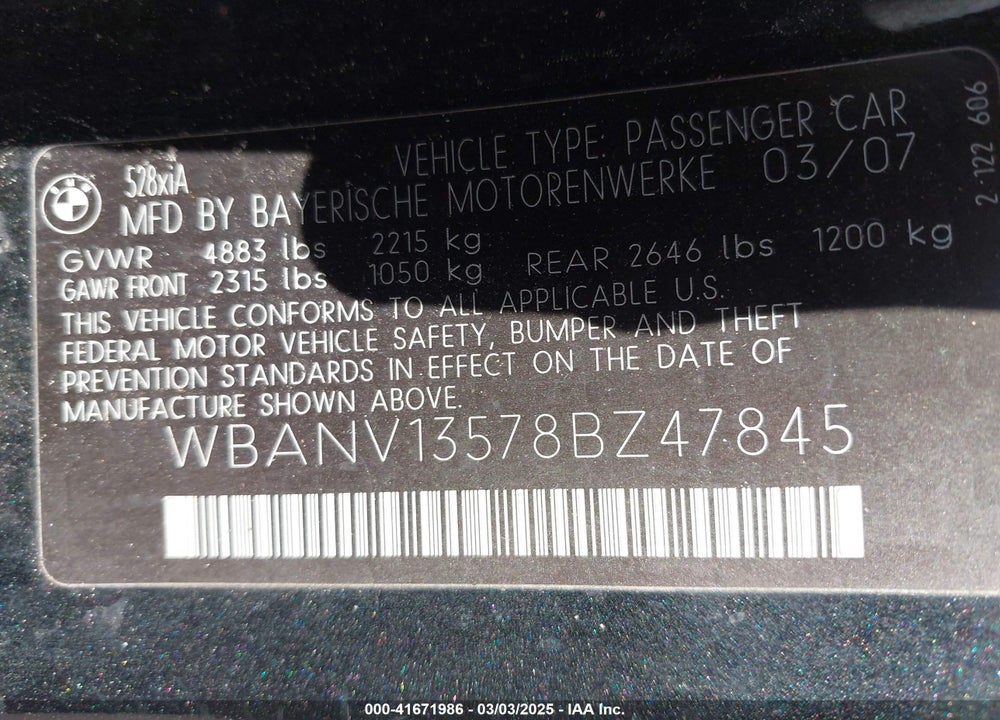 2008 BMW 528XI VIN: WBANV13578BZ47845