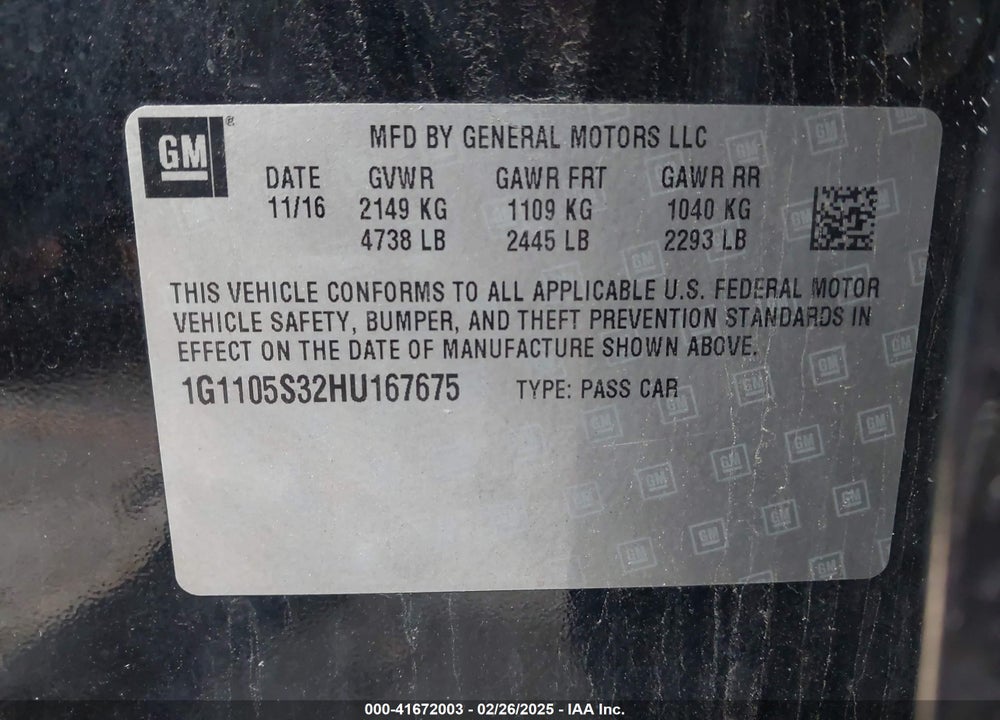 2017 CHEVROLET IMPALA VIN: 1G1105S32HU167675