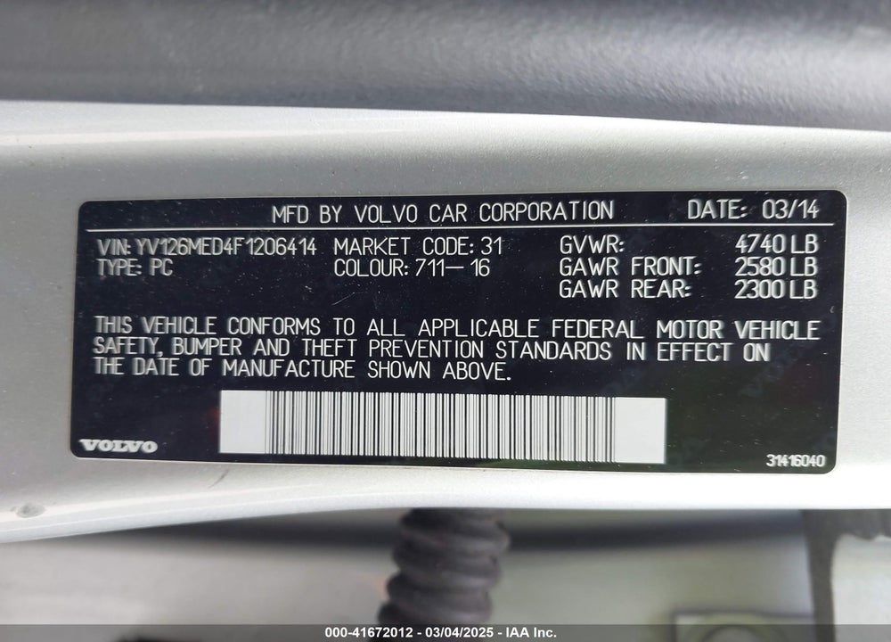 2015 VOLVO V60 VIN: YV126MED4F1206414