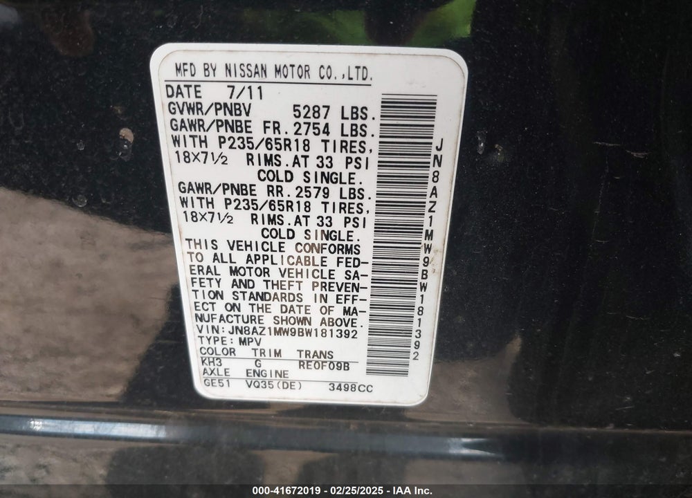 2011 NISSAN MURANO VIN: JN8AZ1MW9BW181392