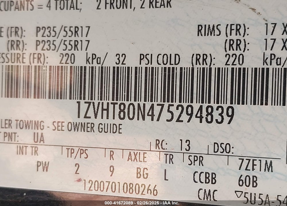 2007 FORD MUSTANG VIN: 1ZVHT80N475294839