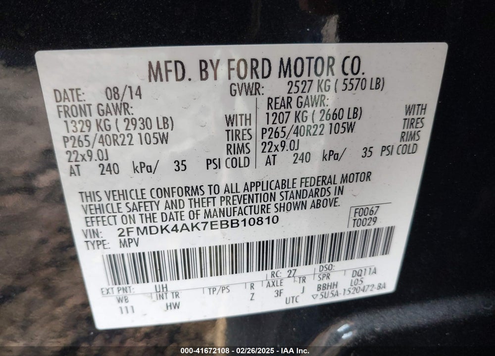2014 FORD EDGE VIN: 2FMDK4AK7EBB10810