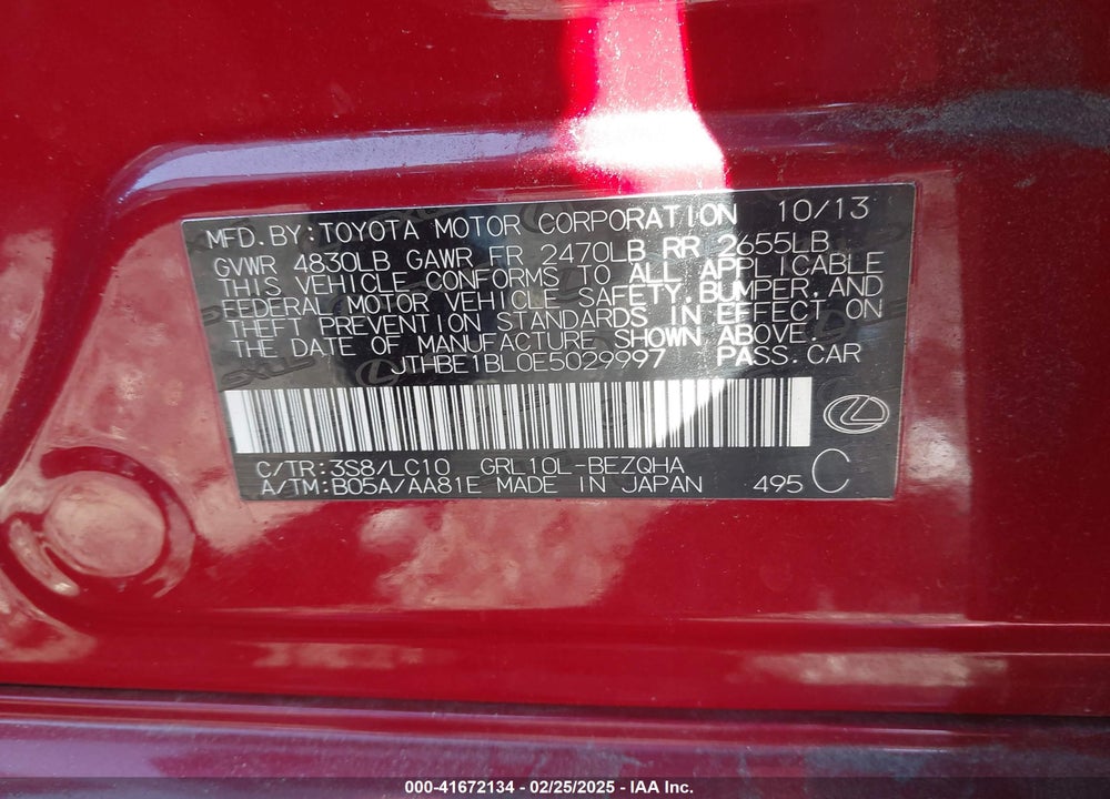 2014 LEXUS GS 350 VIN: JTHBE1BL0E5029997