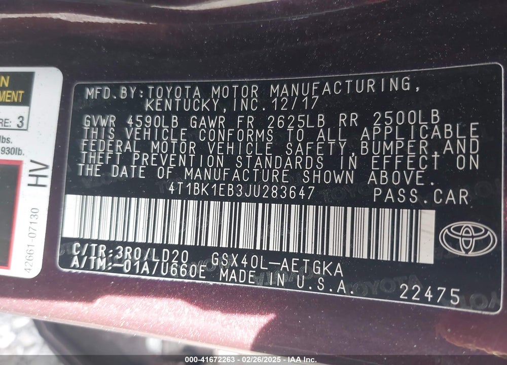 2018 TOYOTA AVALON VIN: 4T1BK1EB3JU283647