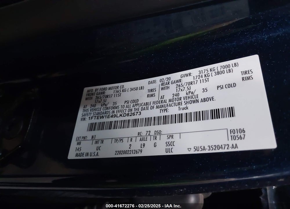 2020 FORD F-150 VIN: 1FTEW1E49LKD82673