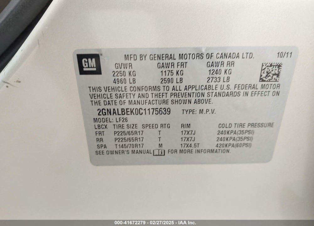 2012 CHEVROLET EQUINOX VIN: 2GNALBEK0C1175639