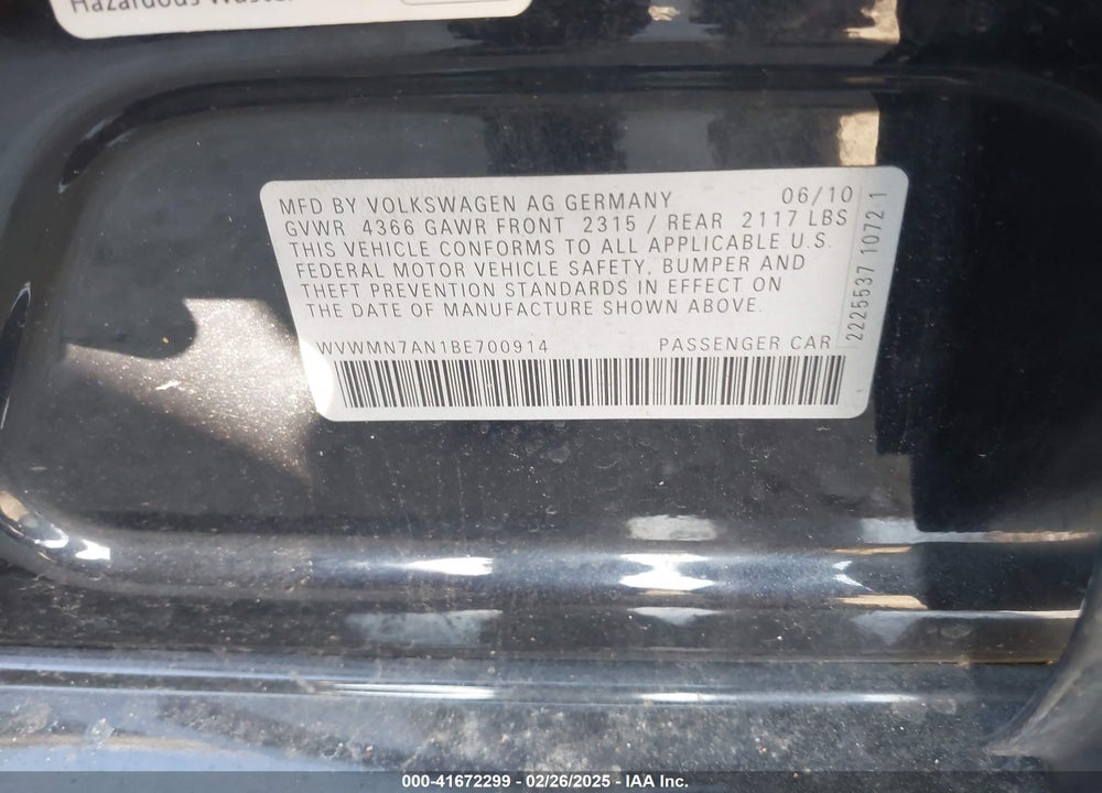 2011 VOLKSWAGEN CC VIN: WVWMN7AN1BE700914