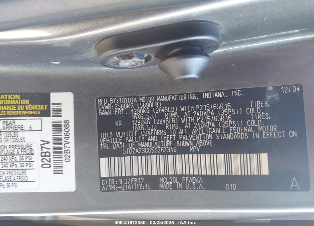 2005 TOYOTA SIENNA CE/LE VIN: 5TDZA23C65S267346