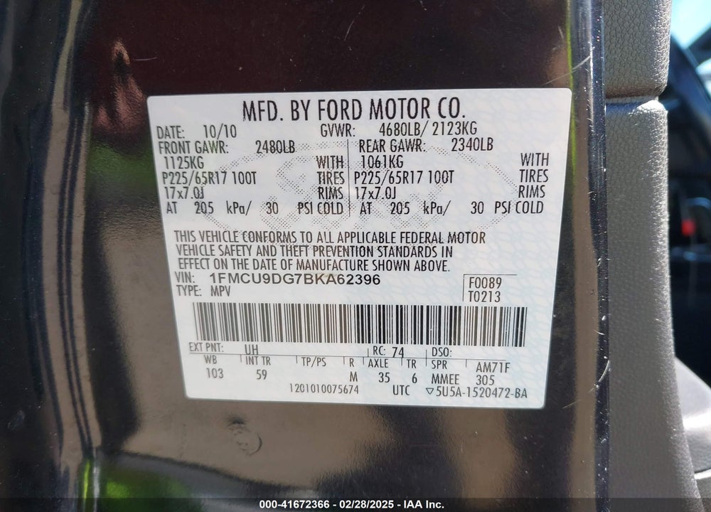 2011 FORD ESCAPE XLT VIN: 1FMCU9DG7BKA62396