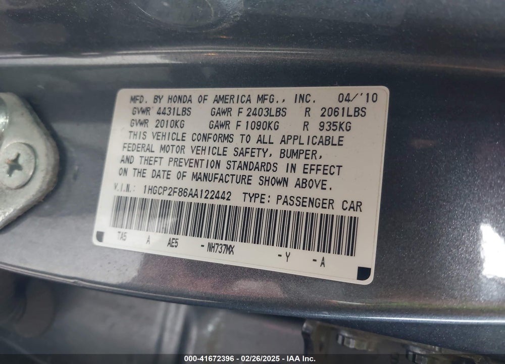 2010 HONDA ACCORD 2.4 EX-L VIN: 1HGCP2F86AA122442