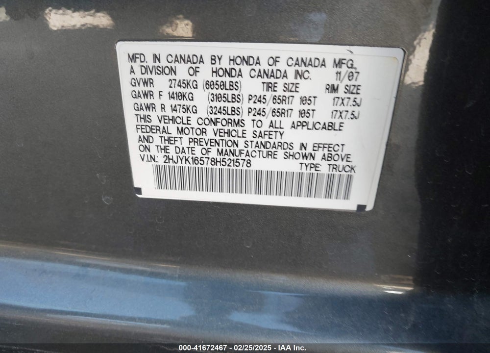 2008 HONDA RIDGELINE RTL VIN: 2HJYK16578H521578