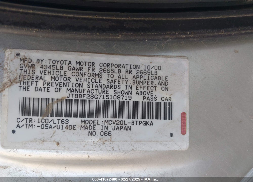2001 LEXUS ES 300 VIN: JT8BF28G715108719