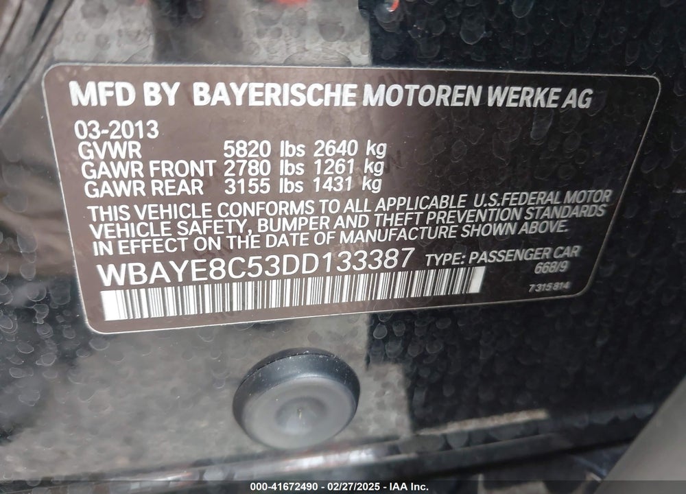 2013 BMW 750LI VIN: WBAYE8C53DD133387