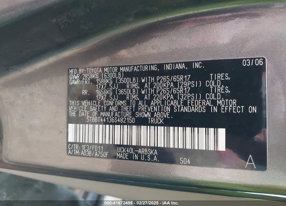 2006 TOYOTA TUNDRA VIN: 5TBBT44136S482150