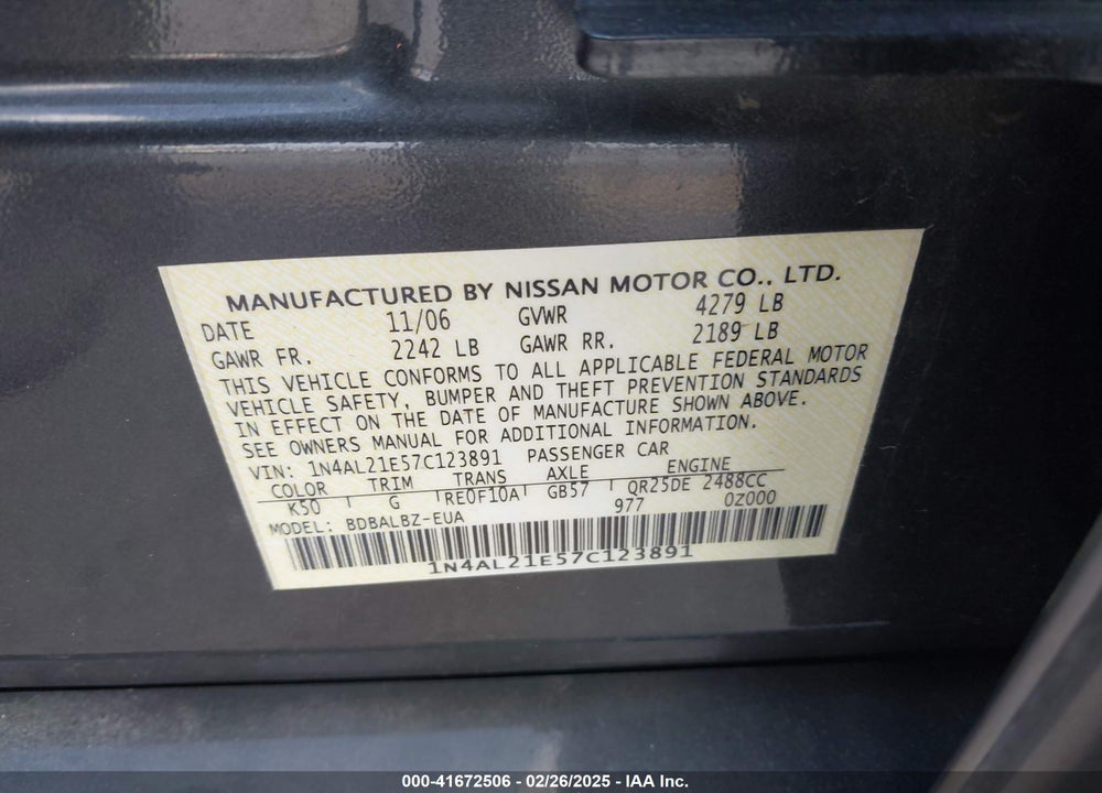 2007 NISSAN ALTIMA 2.5 S VIN: 1N4AL21E57C123891