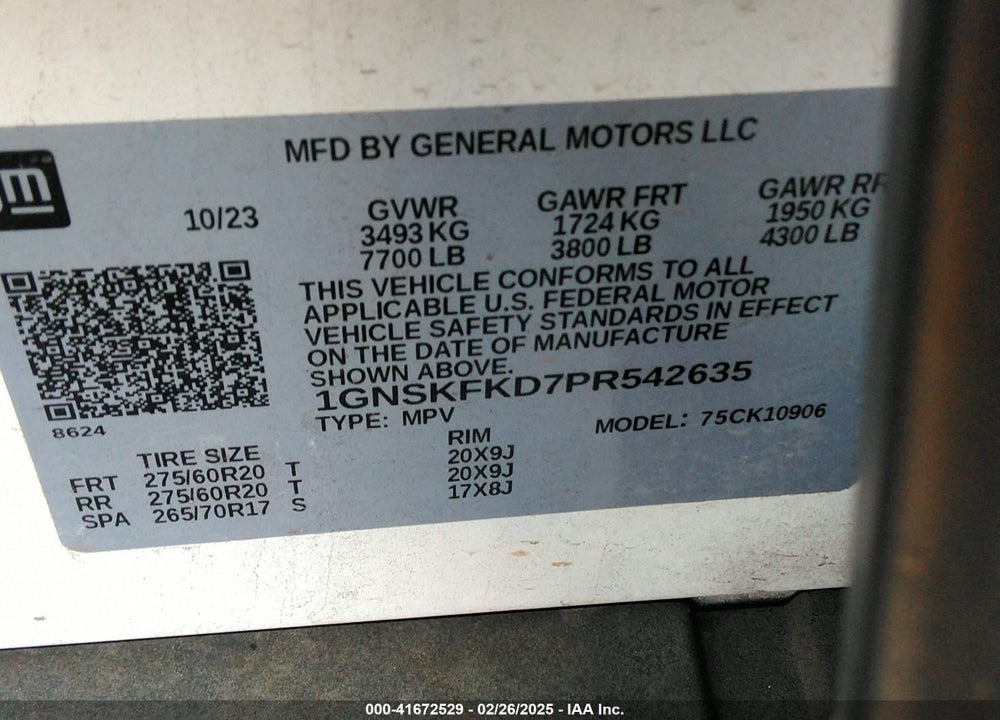 2023 CHEVROLET SUBURBAN 4WD PREMIER VIN: 1GNSKFKD7PR542635