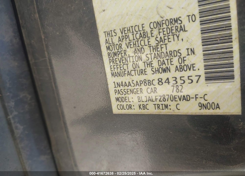 2011 NISSAN MAXIMA VIN: 1N4AA5AP8BC843557