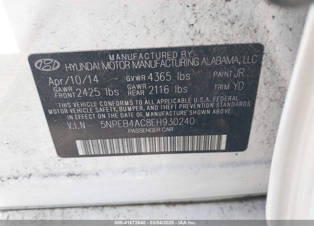2014 HYUNDAI SONATA VIN: 5NPEB4AC8EH930240