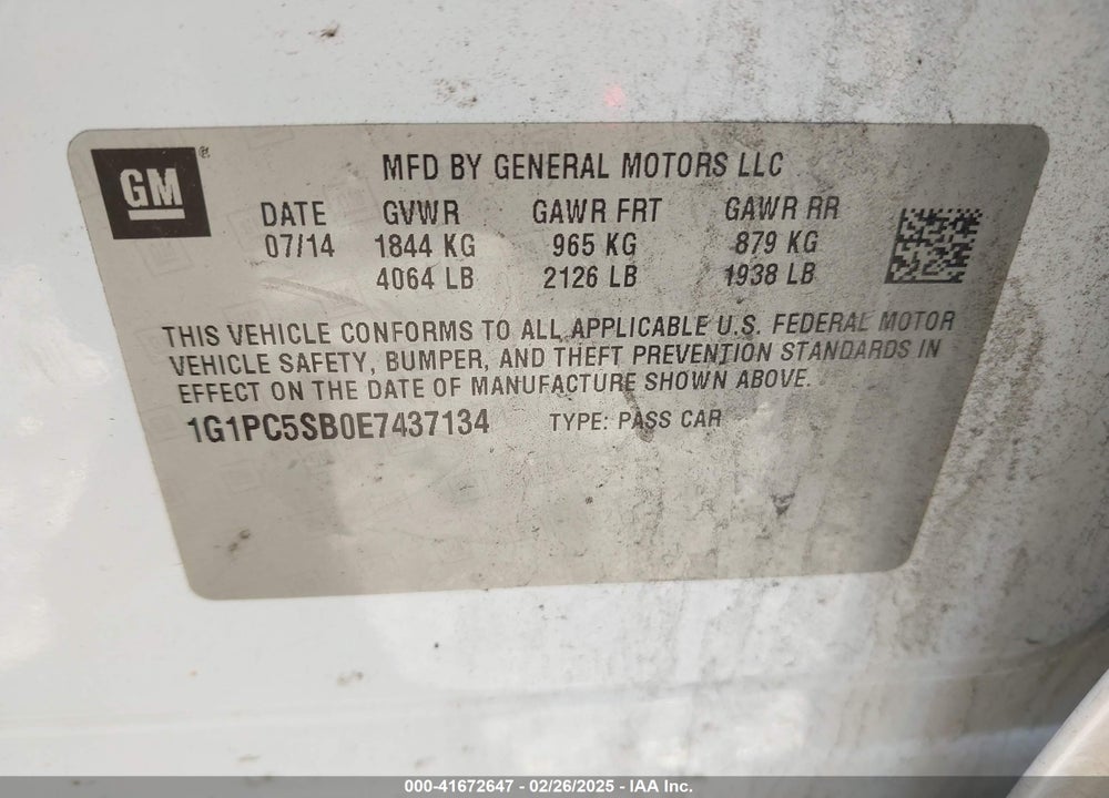 2014 CHEVROLET CRUZE VIN: 1G1PC5SB0E7437134
