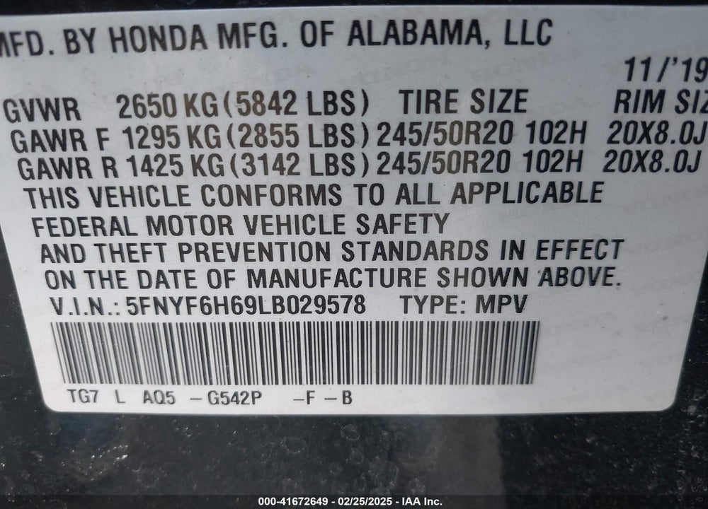 2020 HONDA PILOT AWD TOURING 7 PASSENGER VIN: 5FNYF6H69LB029578