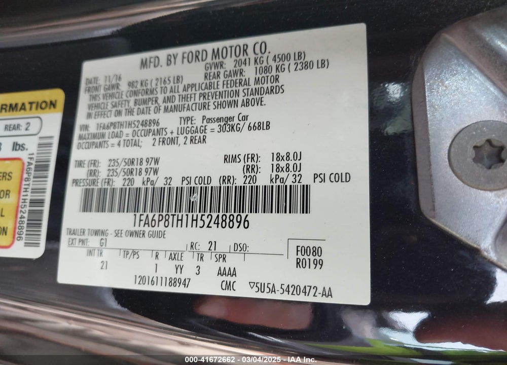 2017 FORD MUSTANG VIN: 1FA6P8TH1H5248896