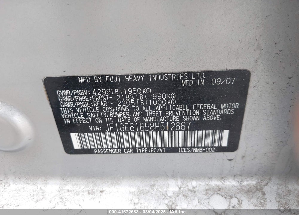 2008 SUBARU IMPREZA VIN: JF1GE61658H512667