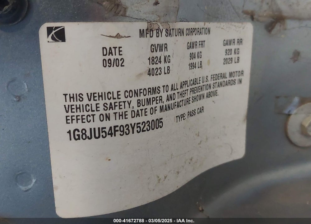 2003 SATURN L-SERIES VIN: 1G8JU54F93Y523005
