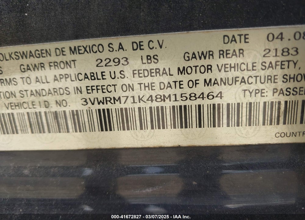 2008 VOLKSWAGEN JETTA VIN: 3VWRM71K48M158464