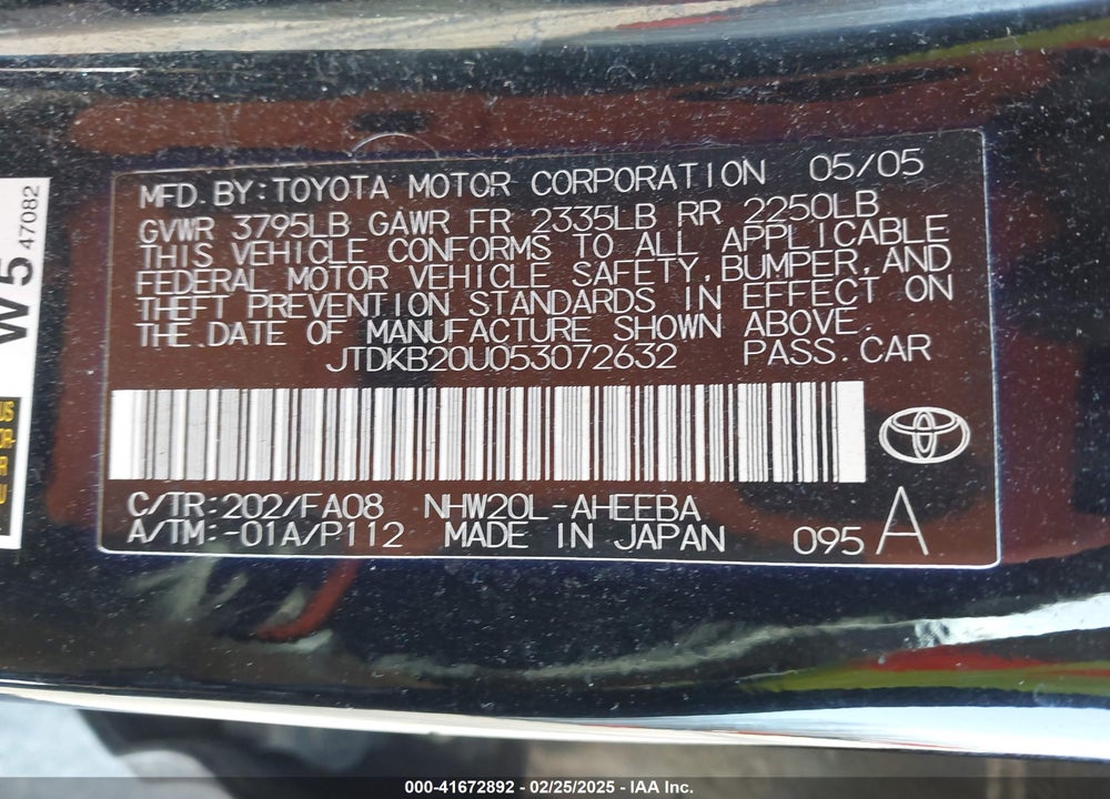 2005 TOYOTA PRIUS VIN: JTDKB20U053072632