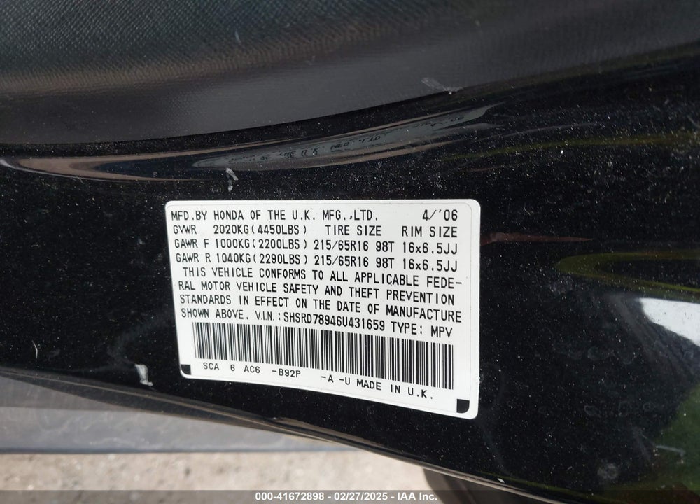 2006 HONDA CR-V SE VIN: SHSRD78946U431659