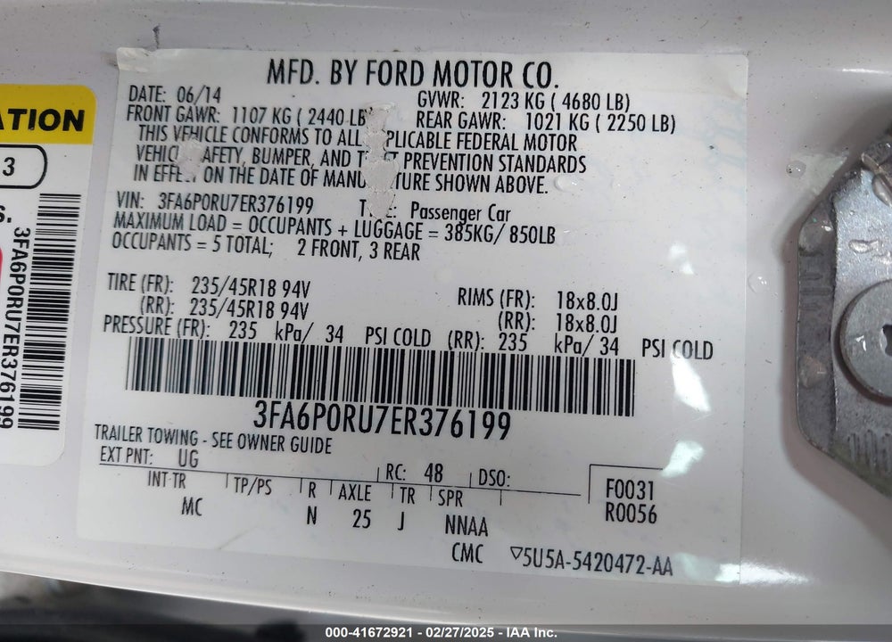 2014 FORD FUSION HYBRID VIN: 3FA6P0RU7ER376199