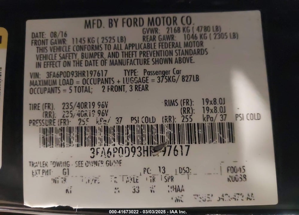 2017 FORD FUSION VIN: 3FA6P0D93HR197617