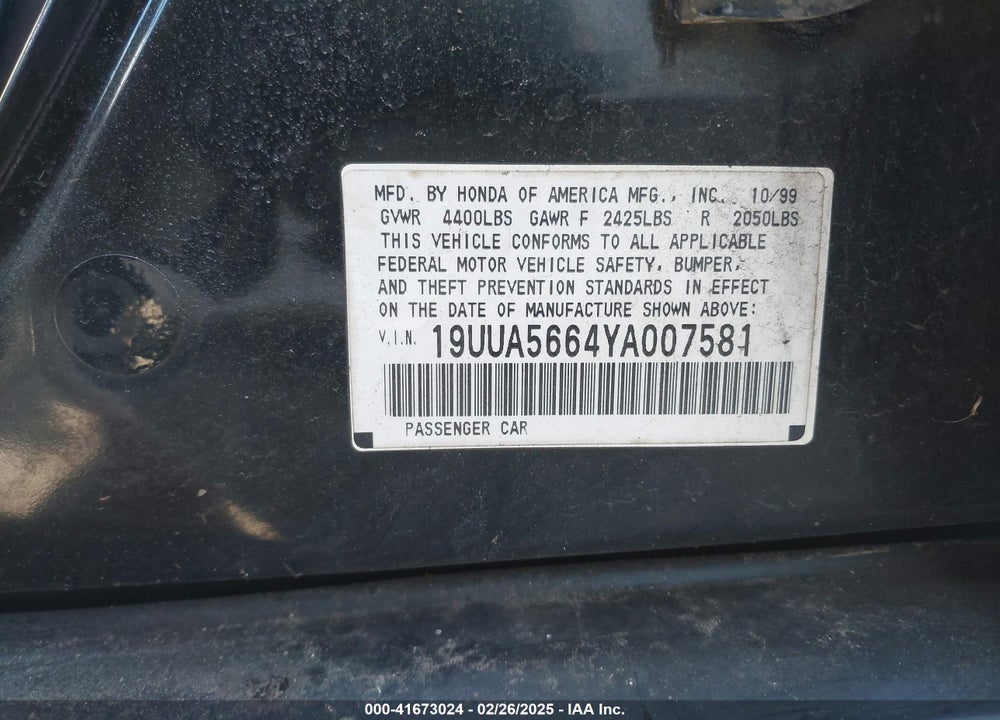 2000 ACURA TL 3.2 VIN: 19UUA5664YA007581