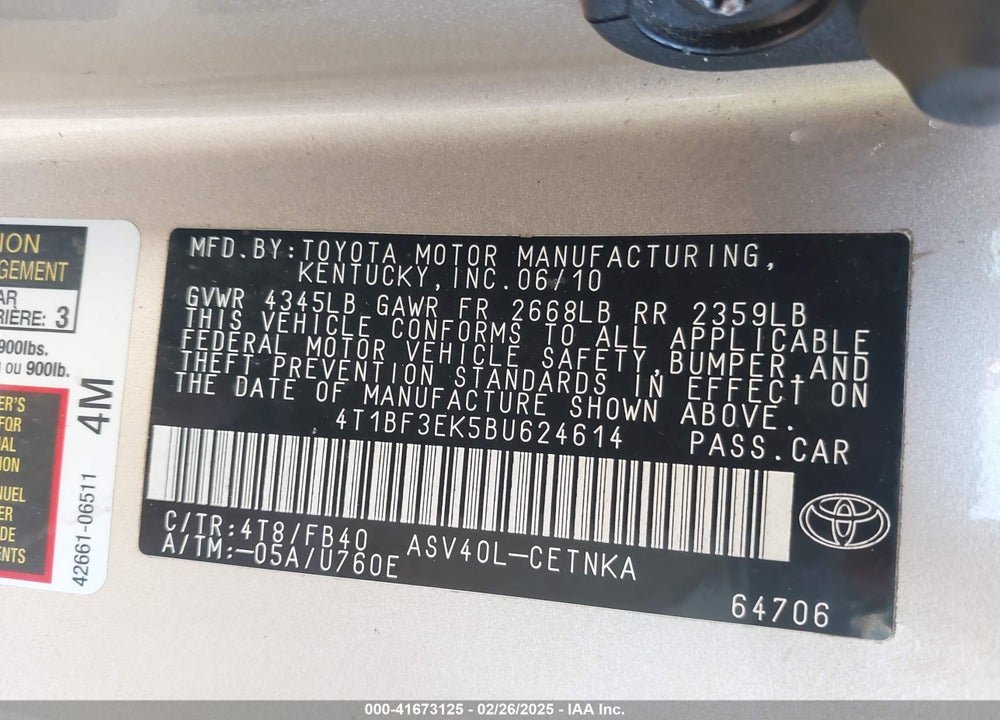 2011 TOYOTA CAMRY LE VIN: 4T1BF3EK5BU624614