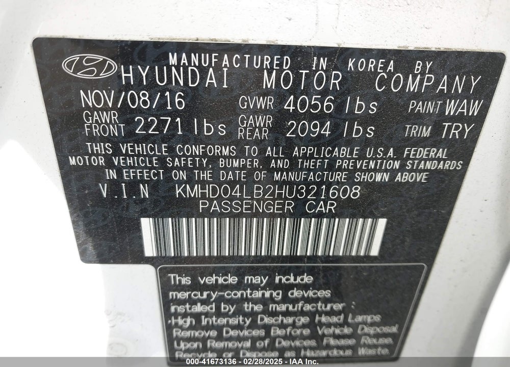 2017 HYUNDAI ELANTRA VIN: KMHD04LB2HU321608
