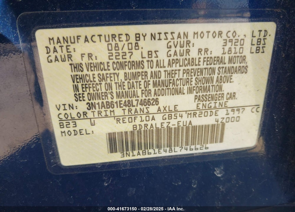 2008 NISSAN SENTRA VIN: 3N1AB61E48L746626