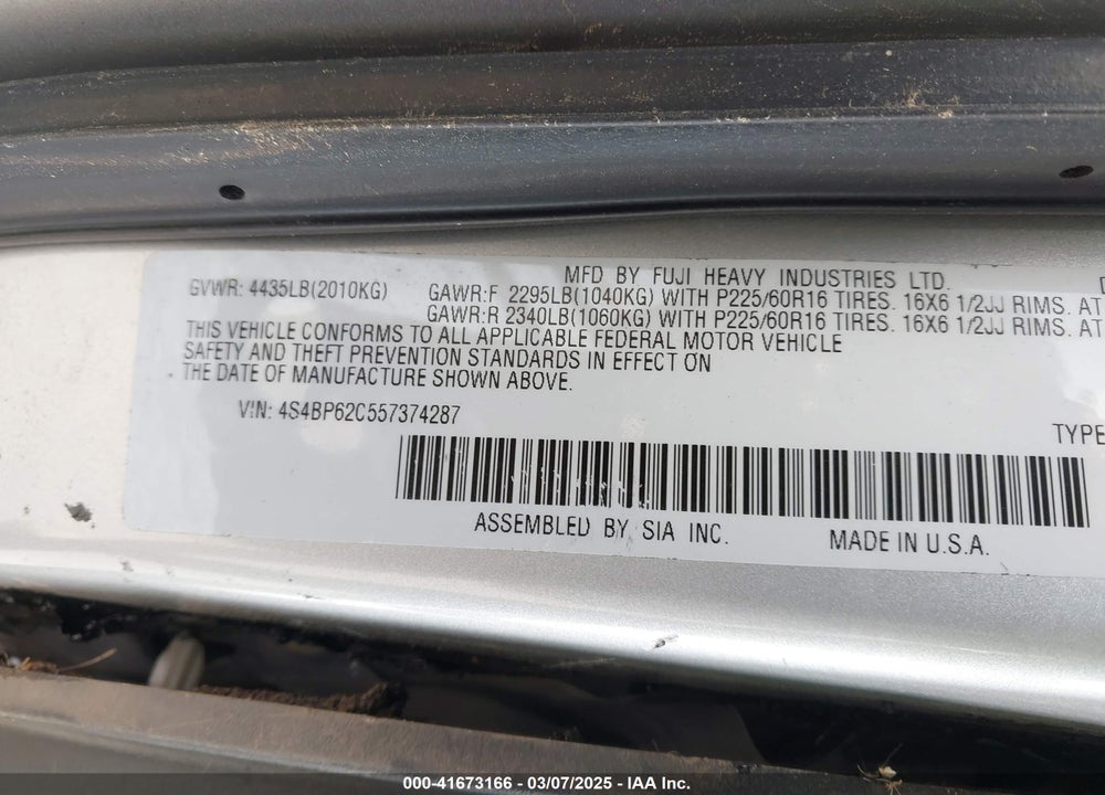 2005 SUBARU OUTBACK 2.5I LIMITED VIN: 4S4BP62C557374287
