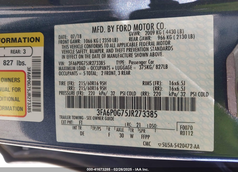 2018 FORD FUSION VIN: 3FA6P0G75JR273385