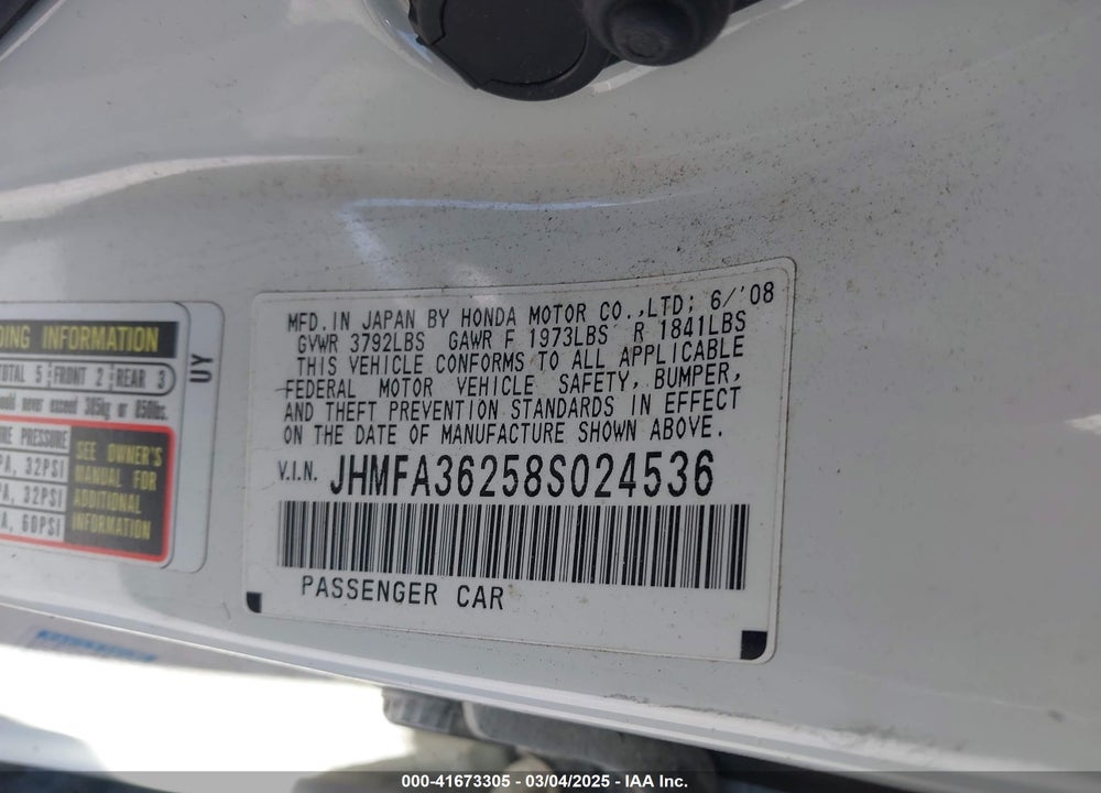 2008 HONDA CIVIC HYBRID VIN: JHMFA36258S024536