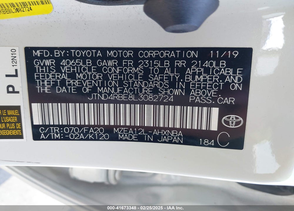 2020 TOYOTA COROLLA VIN: JTND4RBE8L3082724