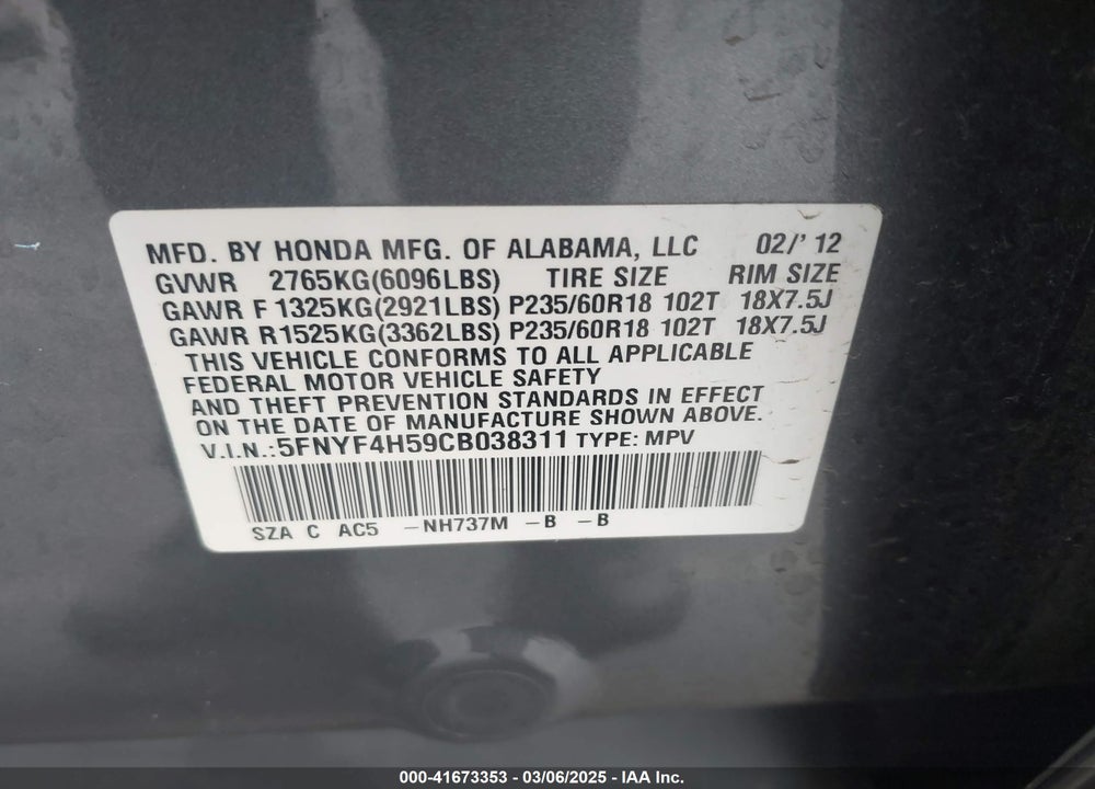 2012 HONDA PILOT EX-L VIN: 5FNYF4H59CB038311