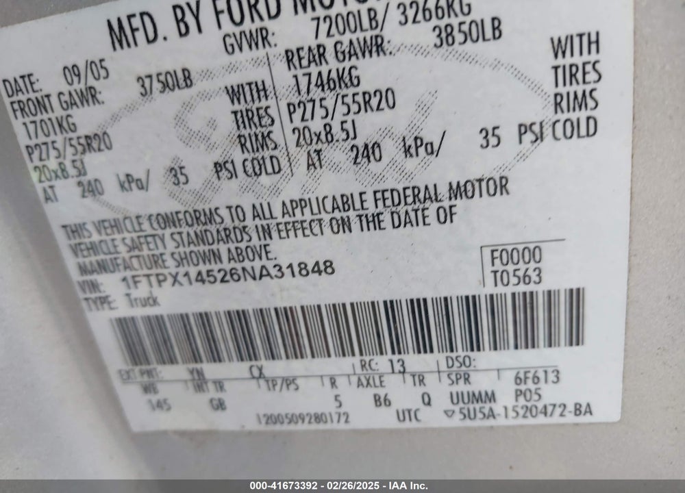 2006 FORD F-150 FX4/LARIAT/XL/XLT VIN: 1FTPX14526NA31848