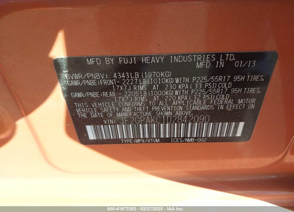 2013 SUBARU XV CROSSTREK VIN: JF2GPAKC1D2842090